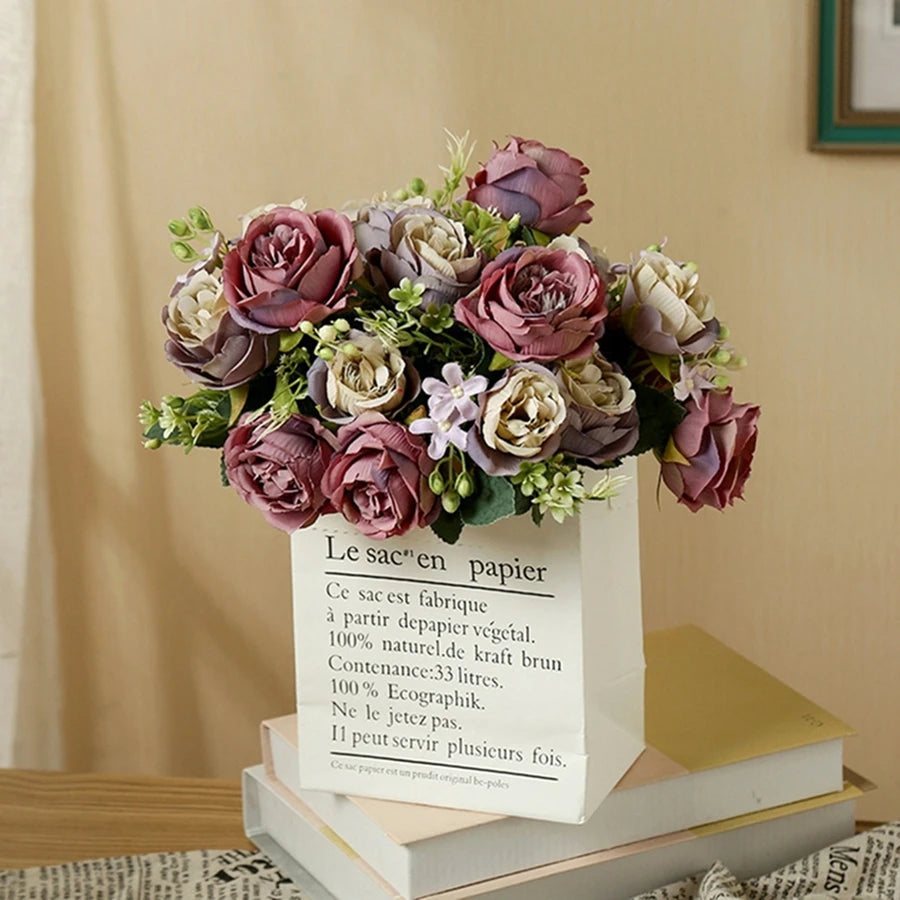 bouquet artificiel soie pivoine rose violet blanc décoration intérieure classique rustique vase transparent