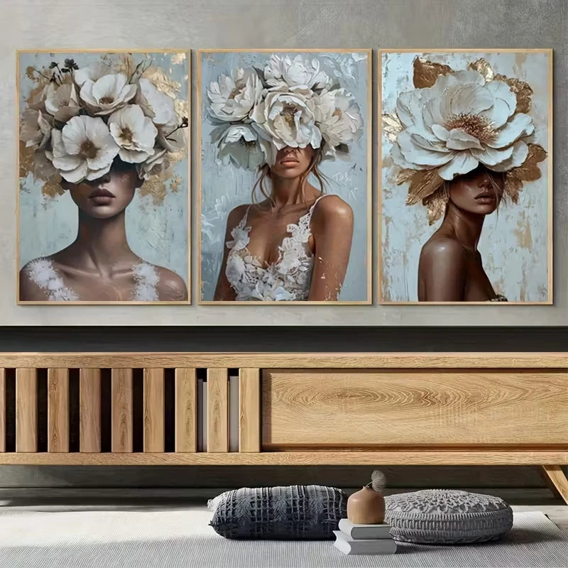 tableaux decoratifs portraits feminins fleurs texturés contemporains sans cadre trois pieces