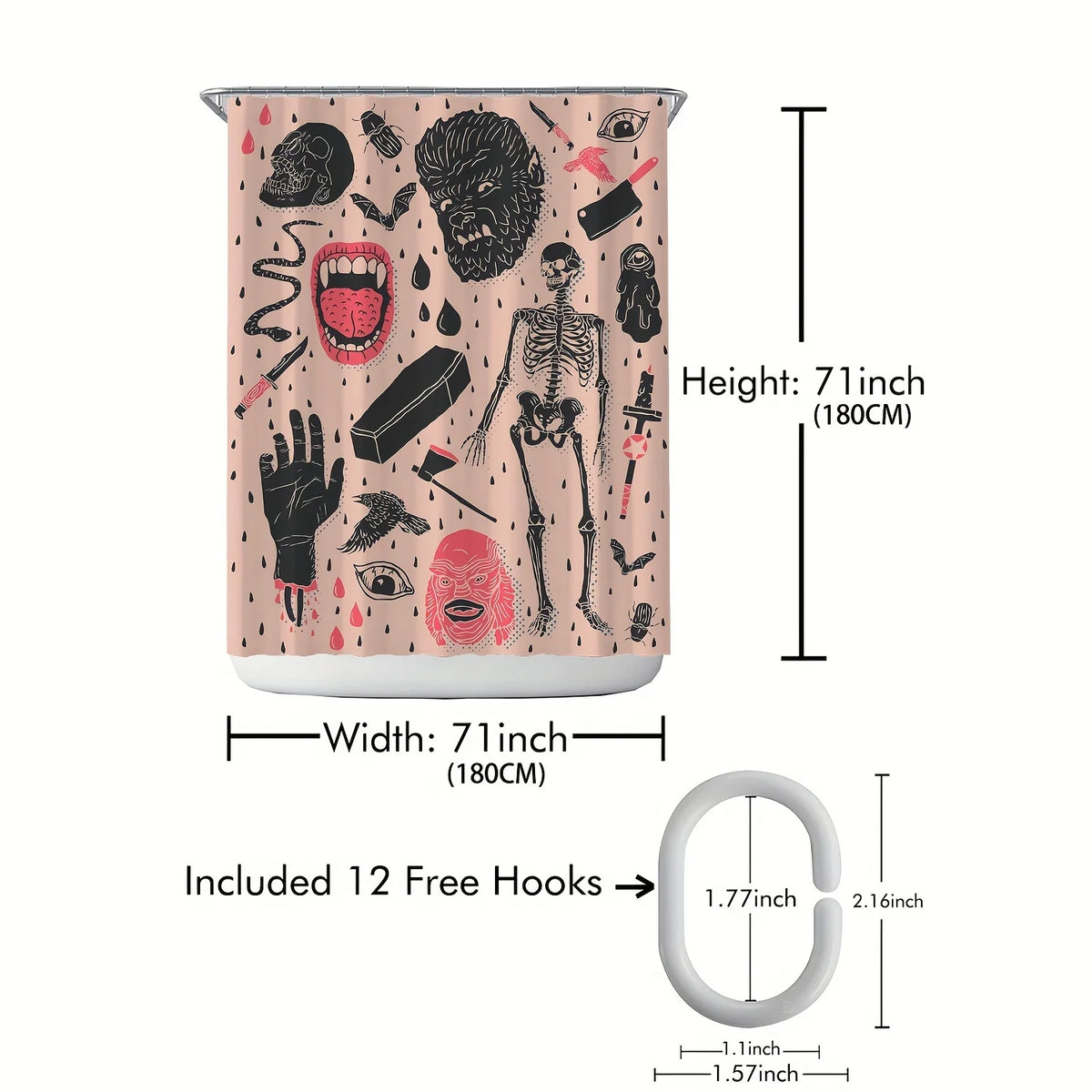 rideau douche halloween crânes squelettes motifs gothiques rose noir
