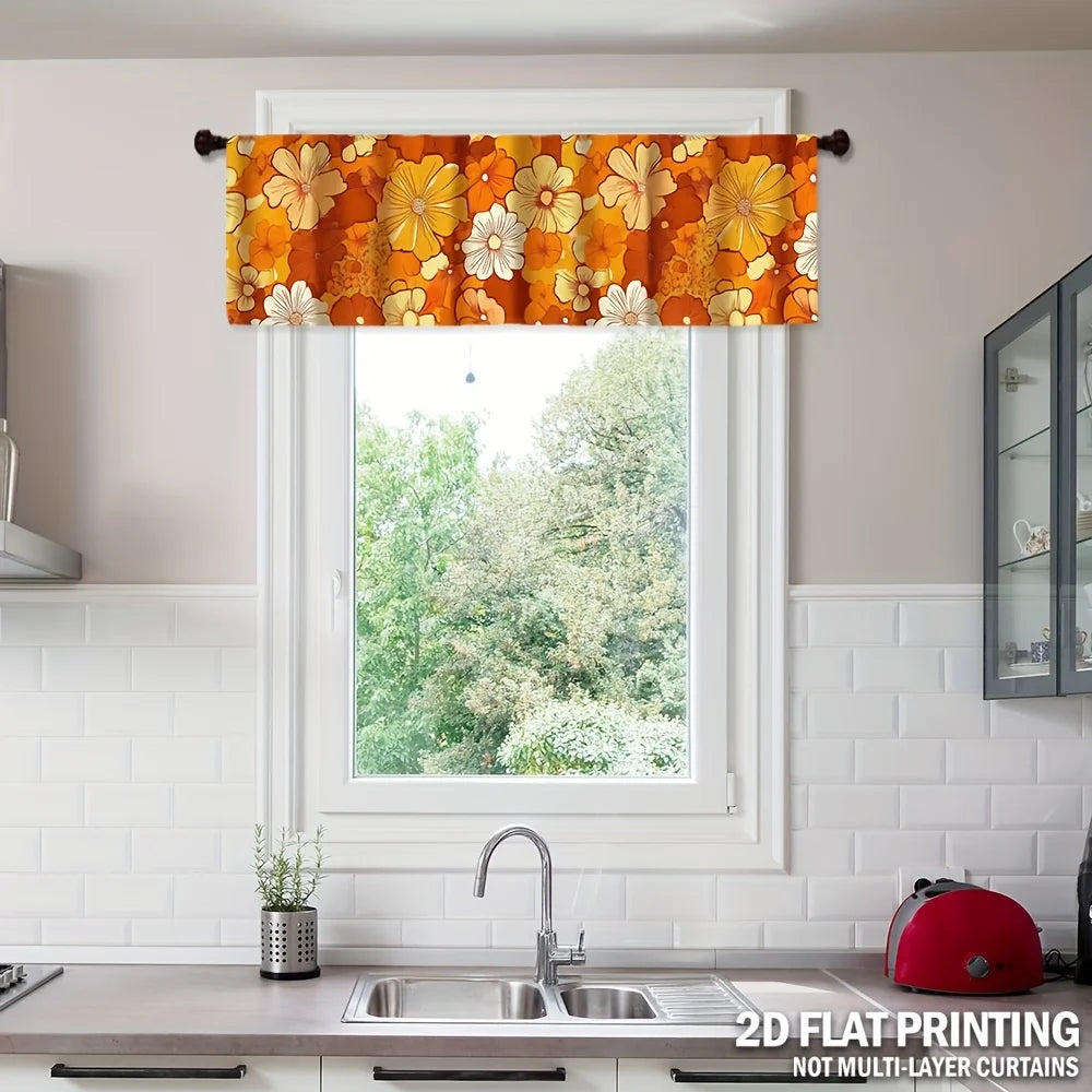 rideau fenêtre vintage motif floral orange blanc marron décoration rétro tringle murale machine lavable