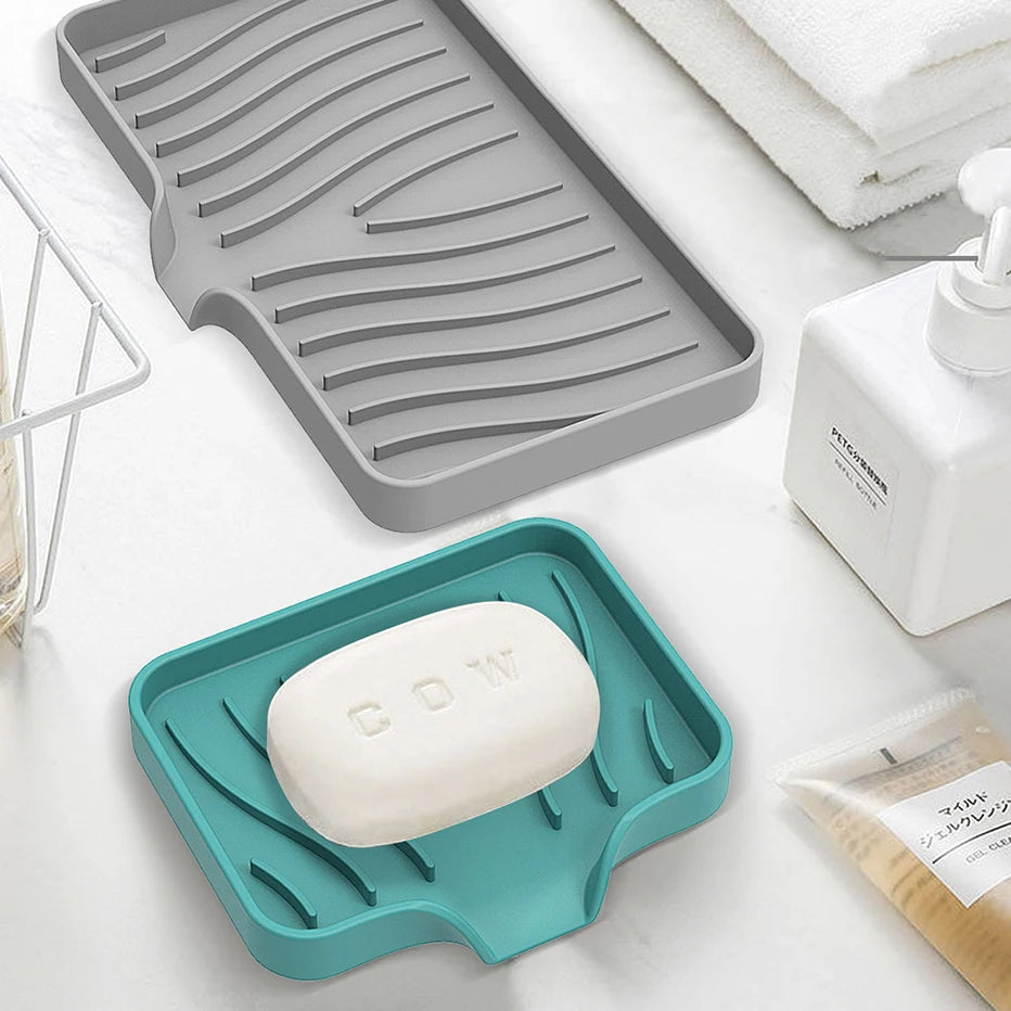 support savon silicone auto drainant moderne gris vert rayures ondulées brosse dents savon bouteille