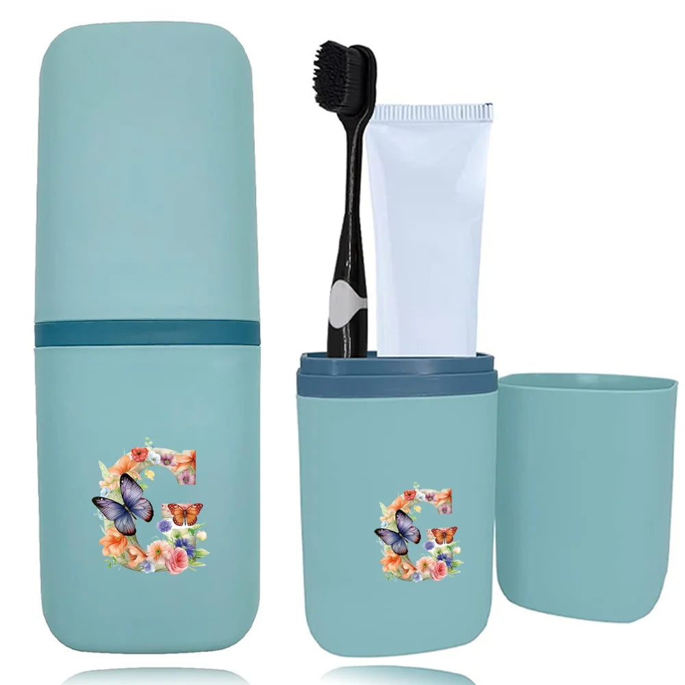 boite rangement salle bain brosse dents peigne motif papillon bleu