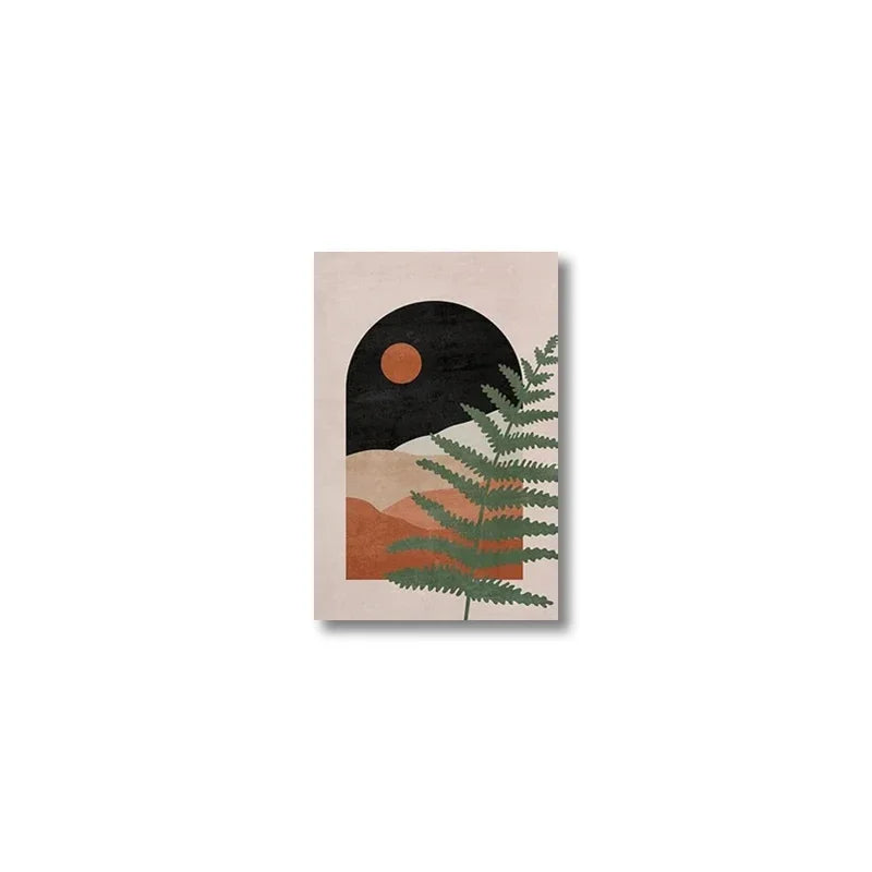 tableau abstrait géométrique feuilles contemporain minimaliste beige noir vert orange marron opacité 30x40cm 50x70cm