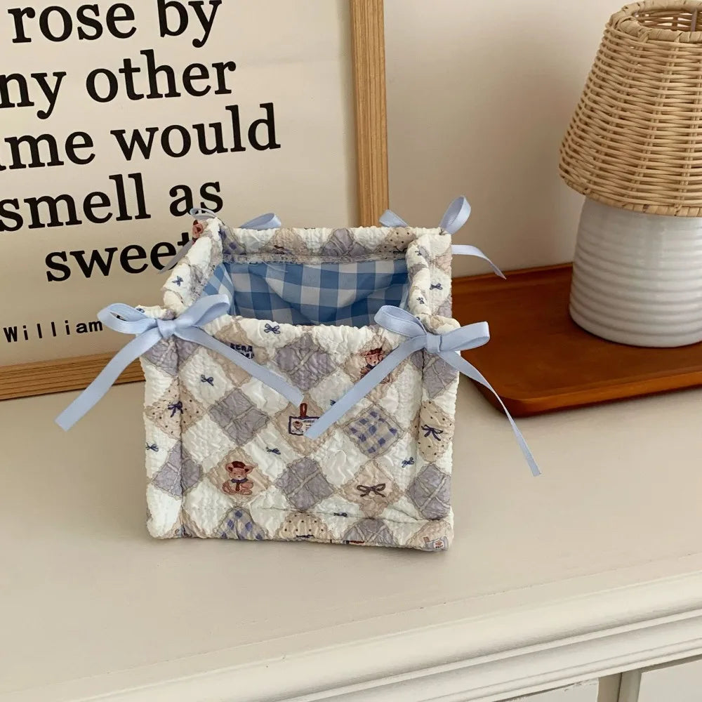 paniers rangement coton pois carreaux rayures ours rose clair blanc bleu clair beige texturé