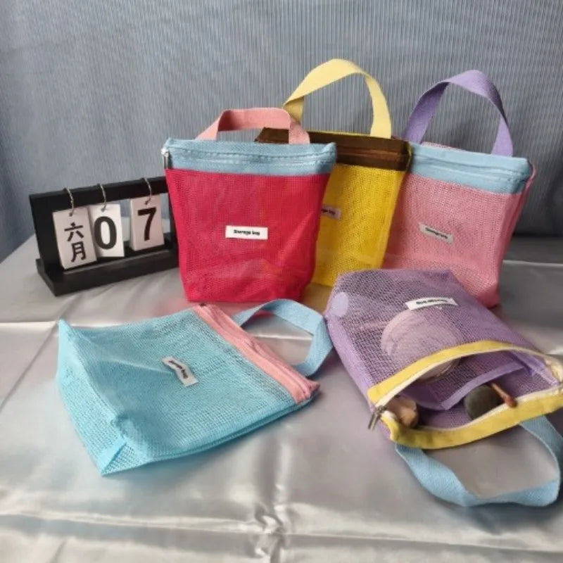 sac filet nylon réutilisable couleurs rose bleu violet utilisations multiples translucide décontracté mignon voyage