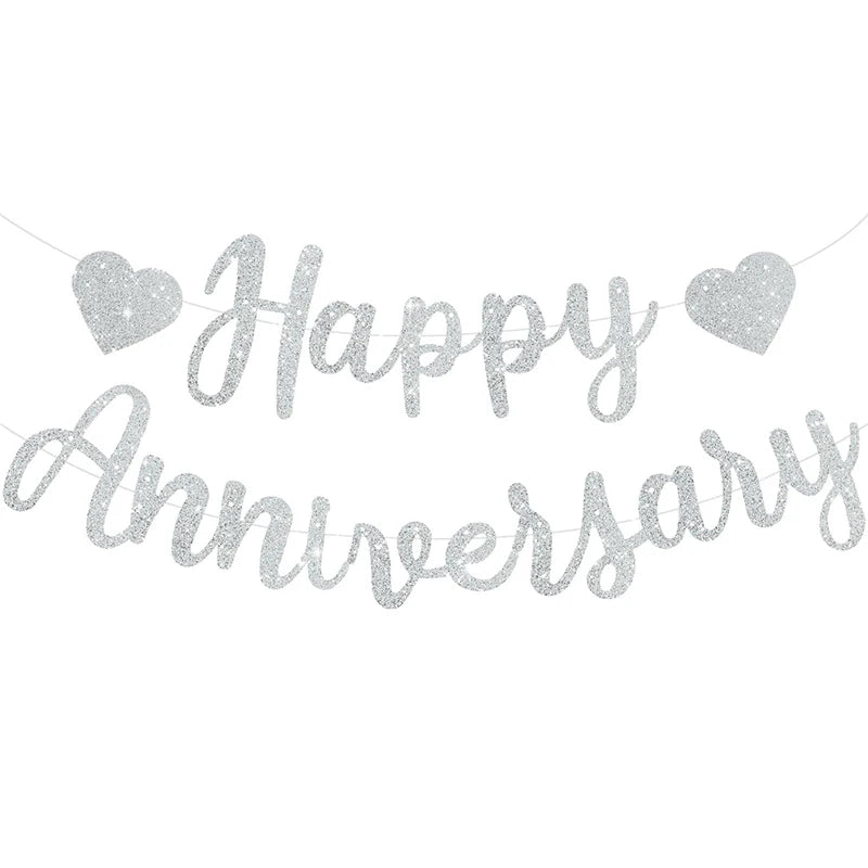 guirlande décorative happy anniversary lettres pailletées coeurs ballons cadeaux gâteau bougies festifs rouge or