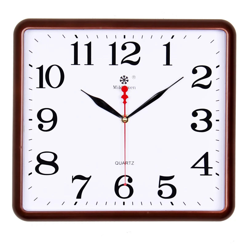 horloge murale carrée quartz aiguille classique cadre marron cadran blanc salon cuisine decoration murale