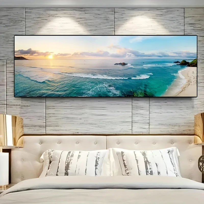 paysage marin coucher soleil impression toile coton moderne rectangle vertical plage bleue ciel orangé
