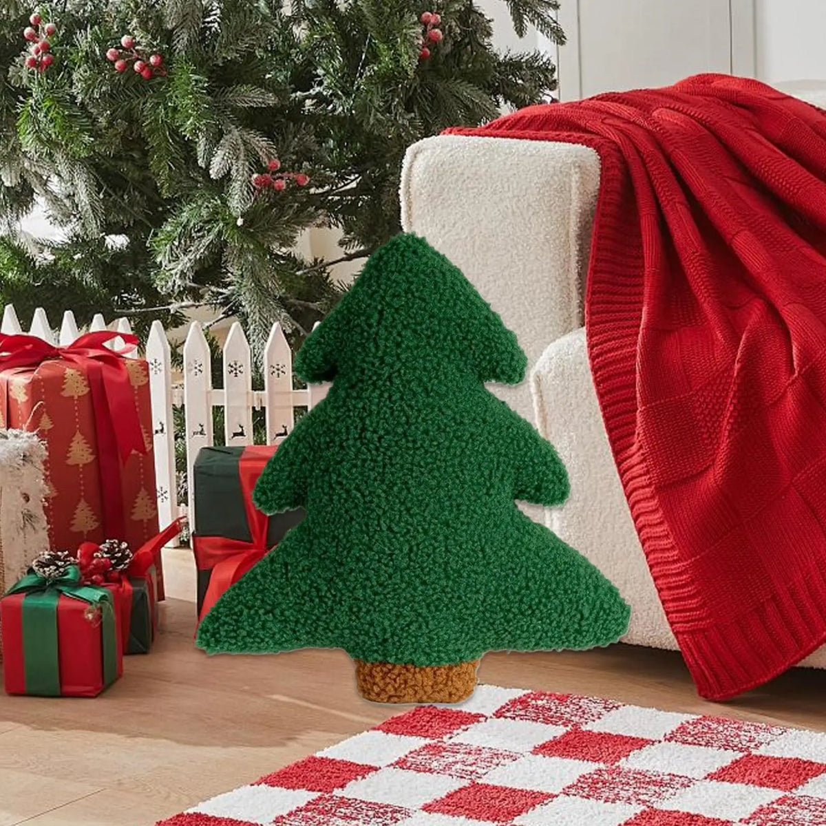 coussin arbre noël vert texture bouclée moderne décoration intérieure noël famille sofa chambre