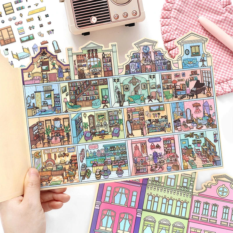puzzle multicolore art deco détails bâtiments adhésif pièces boite rangement lunettes