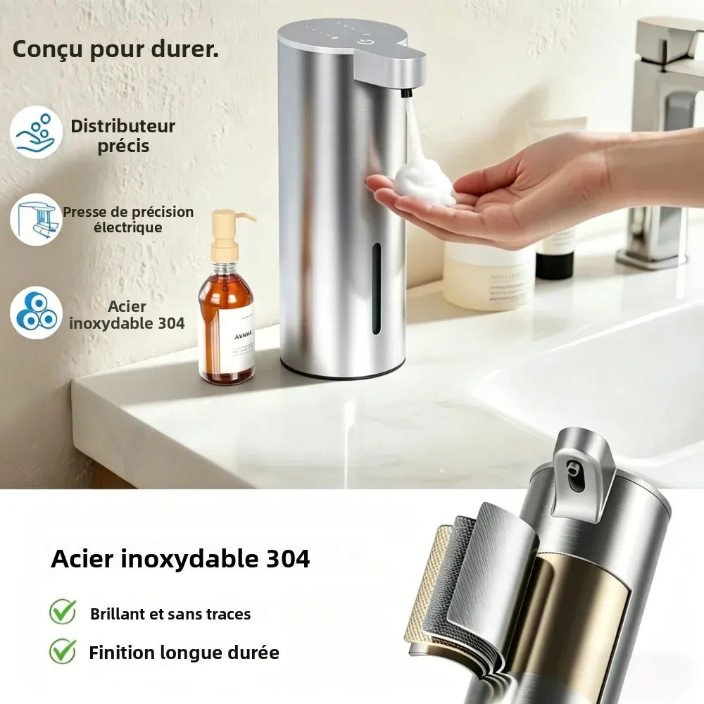 distributeur savon sans contact argenté mousse liquide detection infrarouge affichage batterie minimaliste moderne