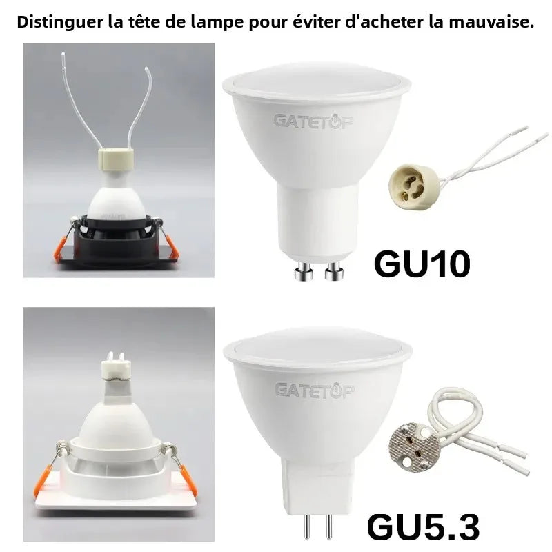 spots led plafonnier blanc carré moderne montage arrière douille gu10 gu5.3 céramique fixe 90