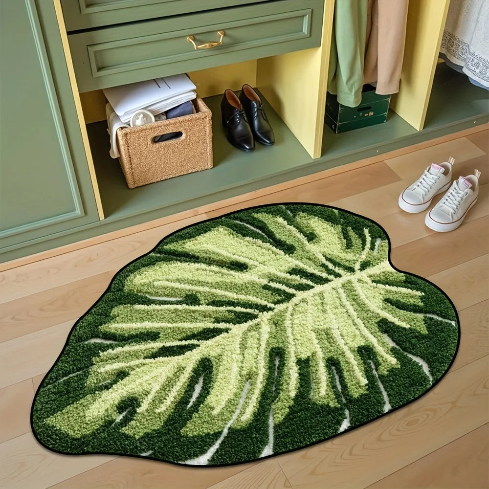 tapis bain sol salon doux polyester feuille motif naturel moderne blanc vert