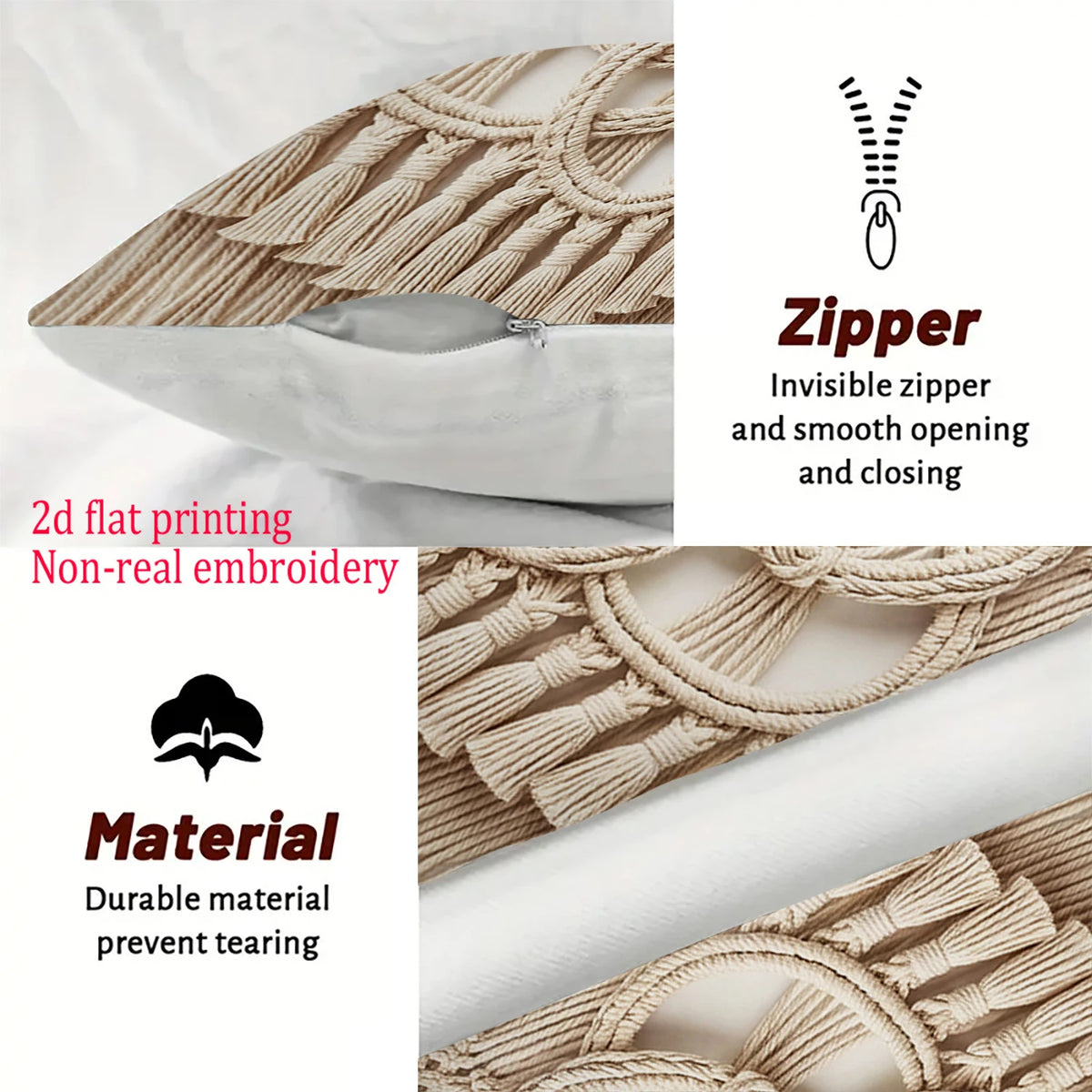 taies d'oreiller boho macramé beige clair franges décoratives maison lit hospitalière polyester peachskin