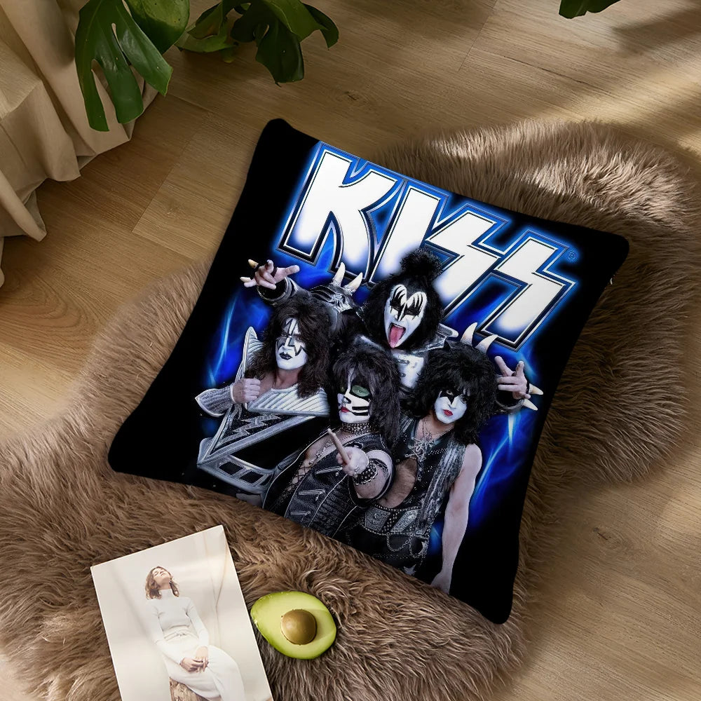 coussin carré motif kiss polyester pop rock noir imprimé dobbys décoratif 40x40cm 45x45cm 50x50cm