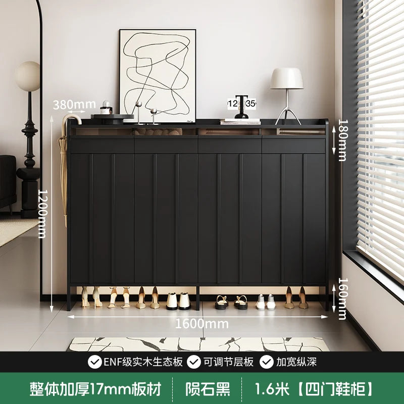 meuble entrée moderne noir panneaux verticaux lisses rangement tabouret coussin plaques mesure