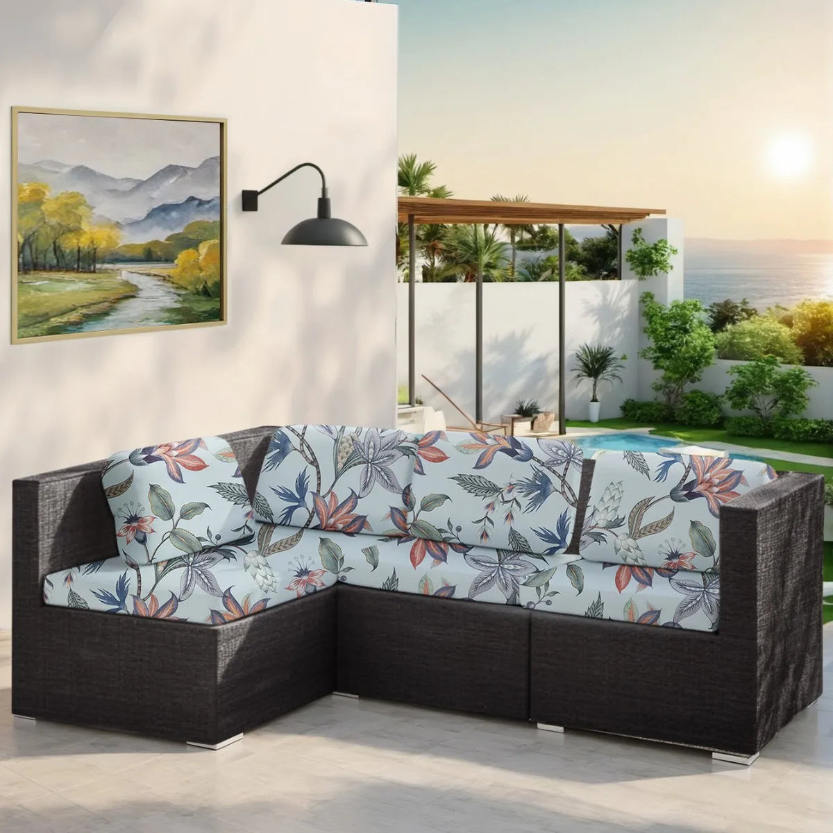 canapé d'angle extérieur housses polyester feuilles tropicales gris moderne printemps été lavable