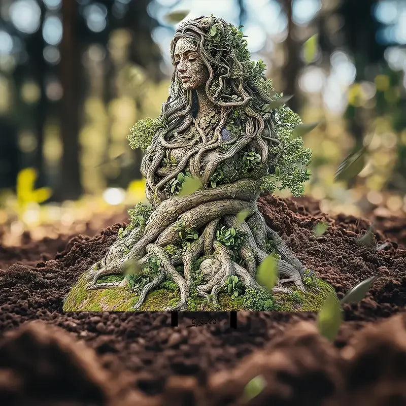 statuette déesse forêt verte marron racines feuilles mousse extérieure pot fleur naturelle 15cm opaque