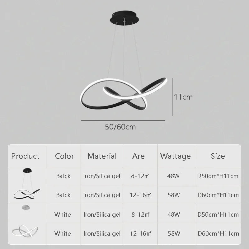 suspension lumineuse moderne pendentif noir blanc anneaux entrelacés fer silicège opaques 50 60cm led