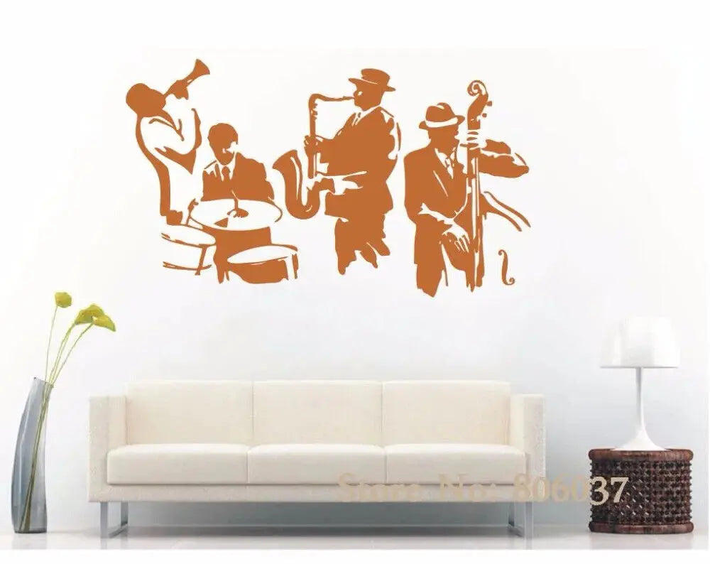 sticker mural musiciens instruments jazz noir jaune rose bleu orange artiste solide carrelage mur