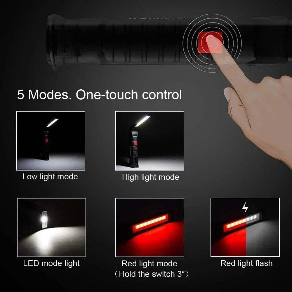 lampe torche rechargeable aimantée port usb type led camping noir.texture anti dérapante.mode faible haute