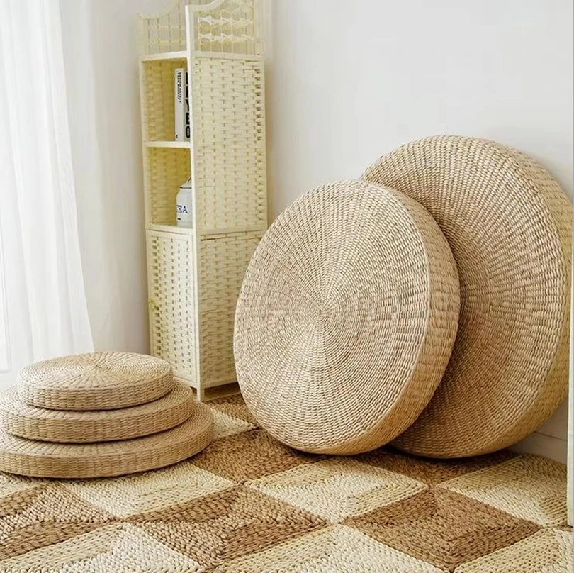 coussin sol rond paille naturelle tissé rustique beige clair artisanal mainmise mousse pe yoga