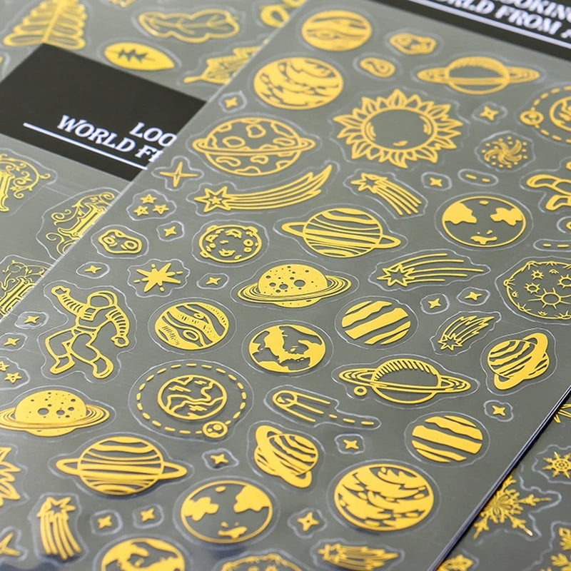 autocollants noir doré planètes étoiles astronautes lettres chiffres motifs floraux scrapbooking artisanat bricolage vintage
