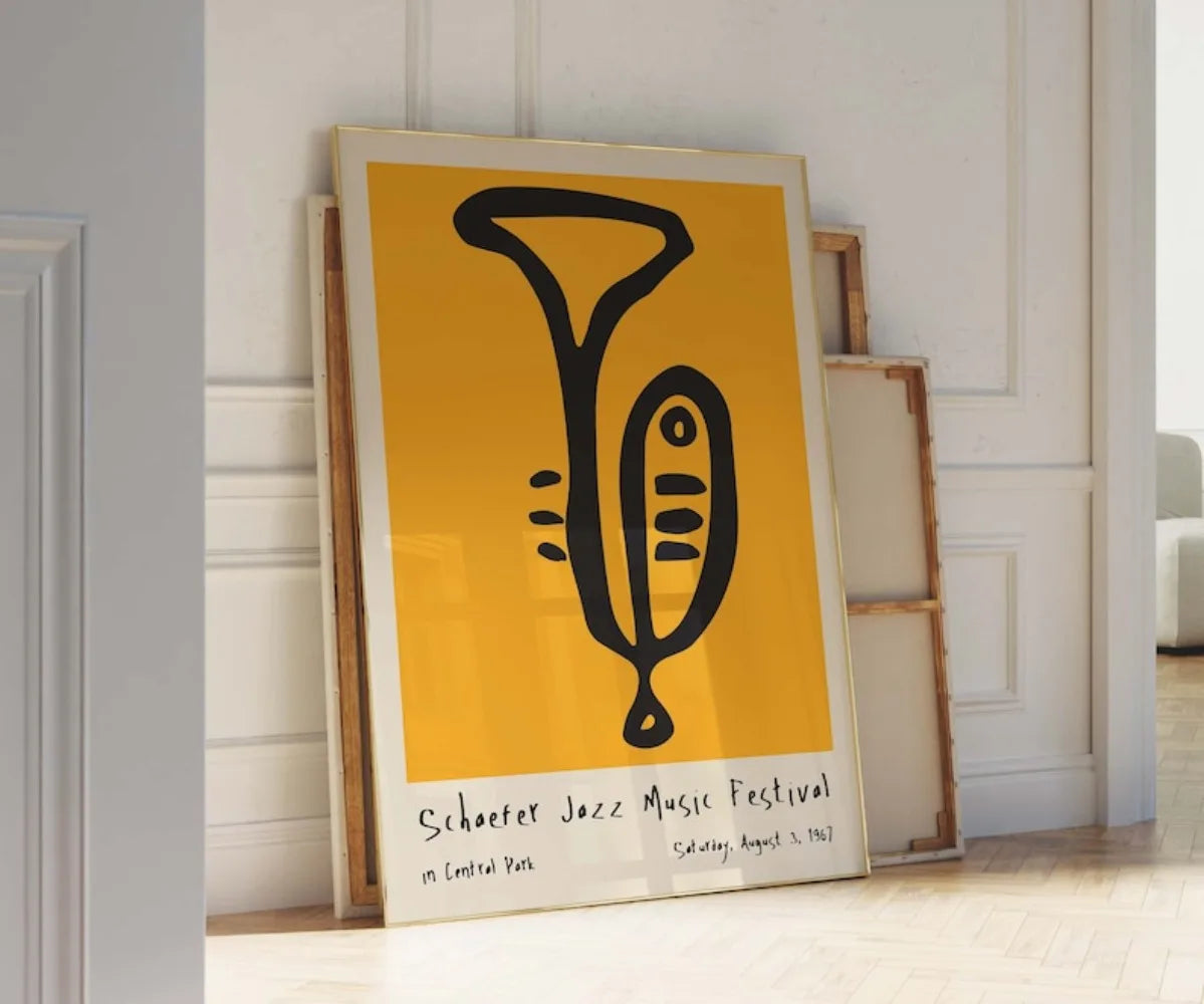 affiche abstraite jazz festival moderne minimaliste jaune noir encre imperméable toile rectangle vertical