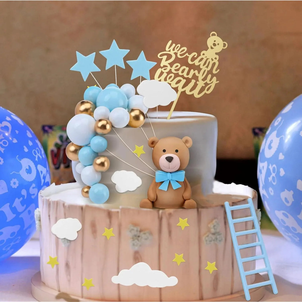 décoration gâteau ours nuages étoiles sucre anniversaire fête thème enfant bleu doré