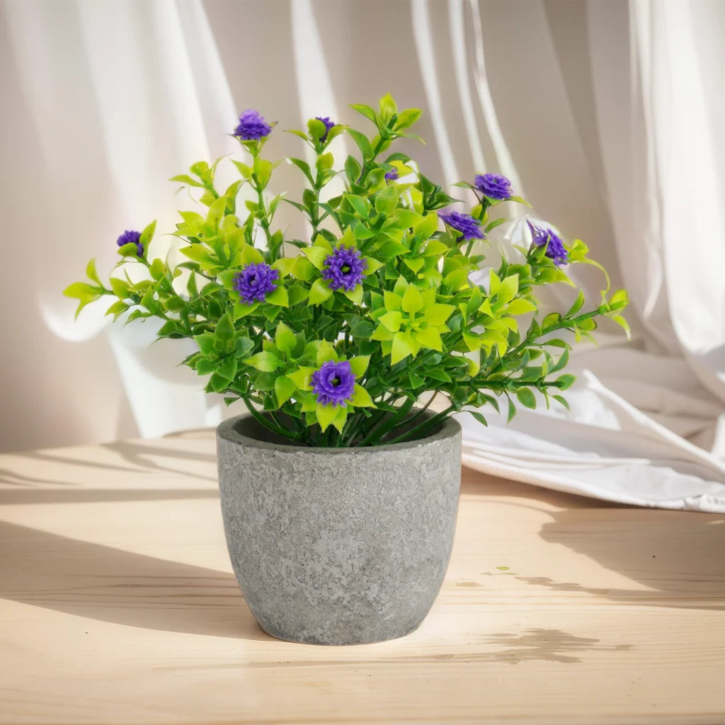 plante artificielle miniature bonsaï feuilles vertes fleurs violettes jaunes maison moderne minimaliste pot inclusion