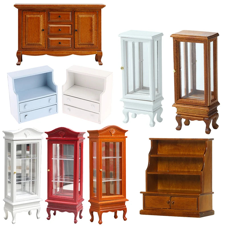 meubles miniatures classiques vintage marron clair blanc rouge orange vitre transparente tiroirs portes étagères