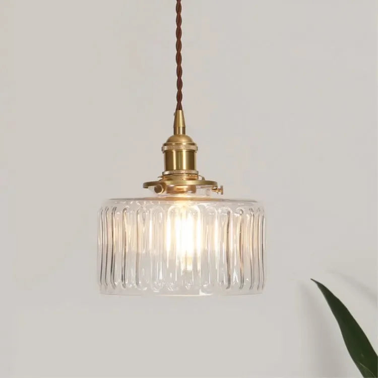 lampe suspendue moderne transparente cuivre rayures verticales ampoule led vis fixe chambre salon étude