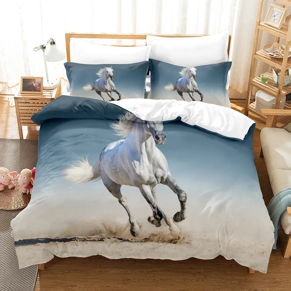 Parure de lit cheval 3D avec taies d'oreiller sur un lit