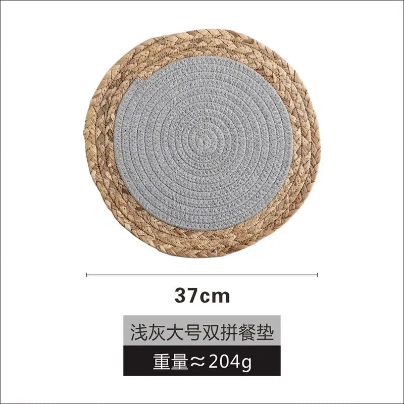 tapis table boho rustique tissé main naturel gris blanc cercles concentriques simple