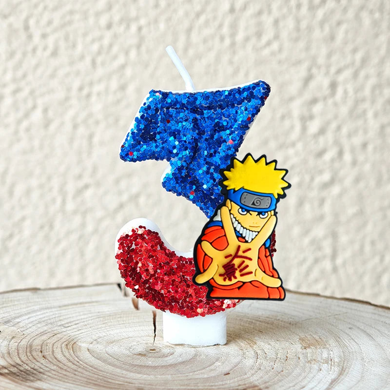 bougies décoratives anime personnages paillettes bleu rouge jaune blanc thème naruto shippuden anniversaire gâteau