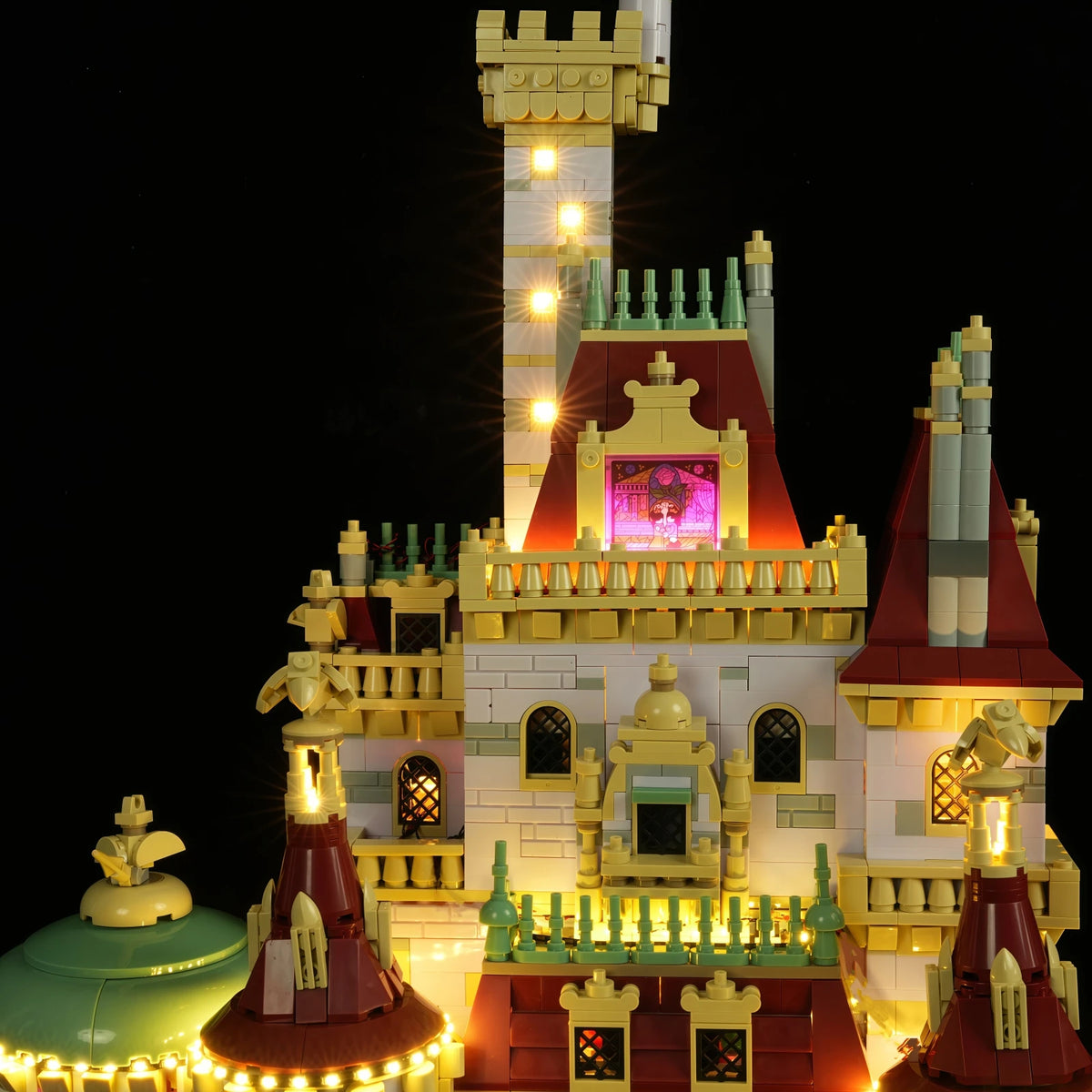 château construction lego disney lumiere led details architecturaux portes fenetres statues