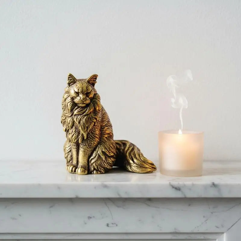statue chat or poilu résine texturée art décoratif intérieur maison salon