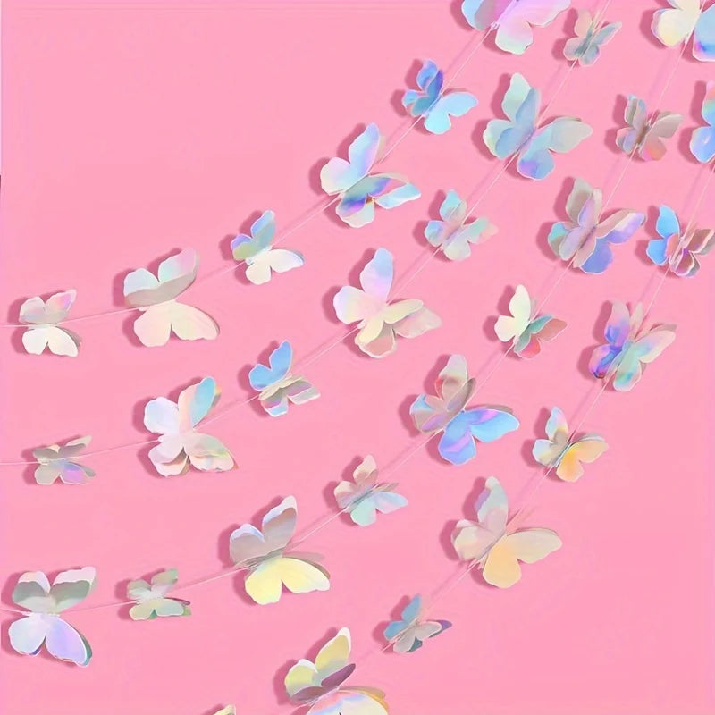 guirlande papillons holographiques brillants 3d blanc bleu vert rose violet jaune anniversaire mariage
