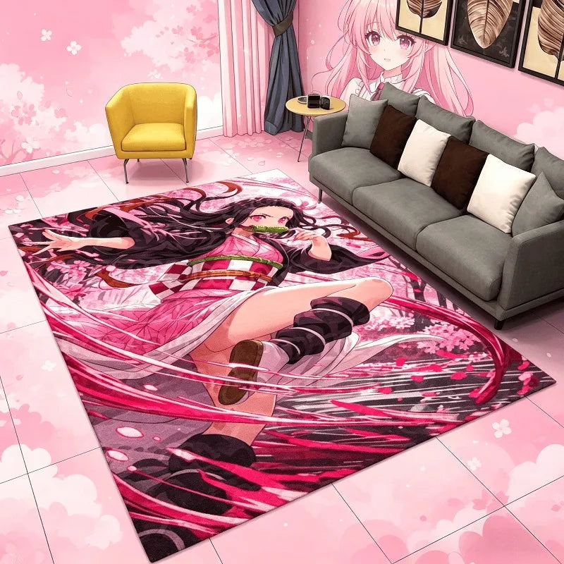 tapis dessin animé personnages demon slayer moderne rose noir enfant salon 100x150cm