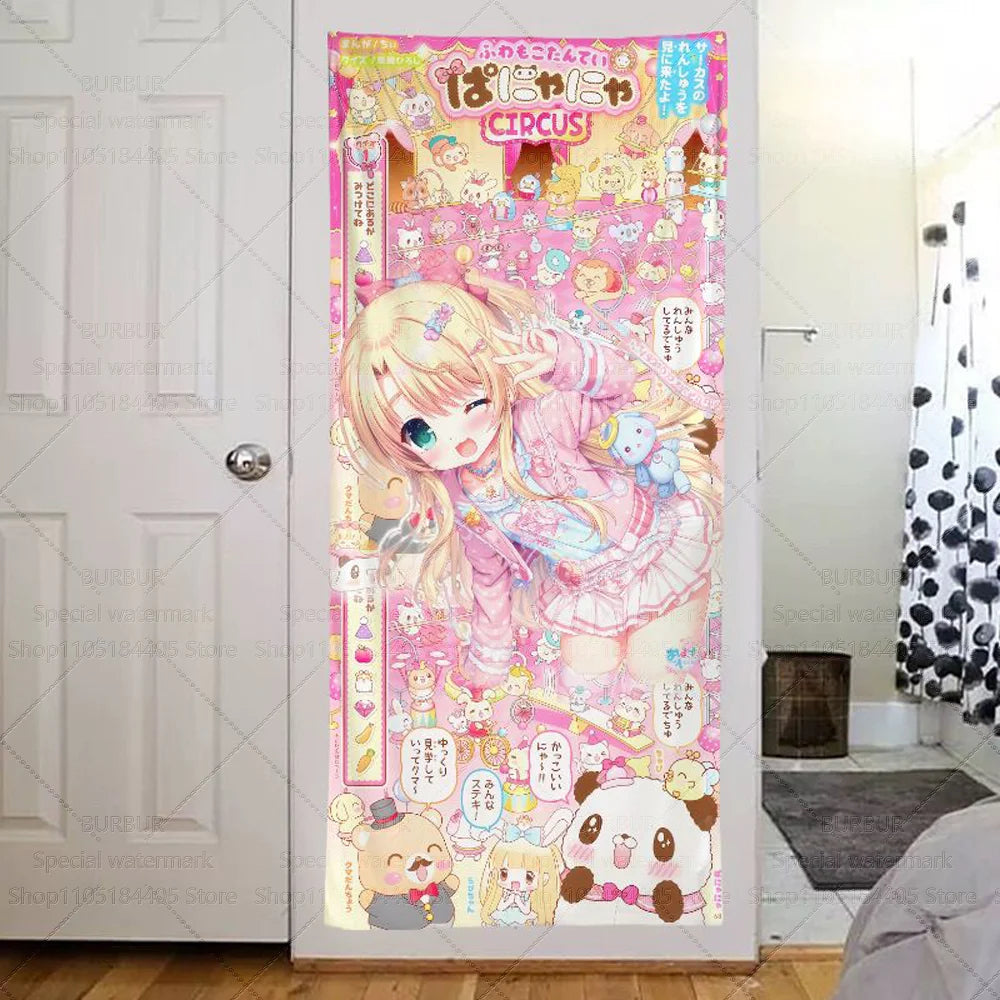 tapisserie murale anime fille mignonne rose blanche bleue illustration ours chatons japonais polyester coton
