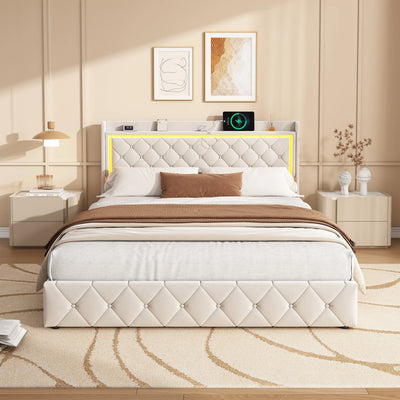 Lit double 140x190 en velours beige avec tête de lit rembourrée et tiroirs intégrés