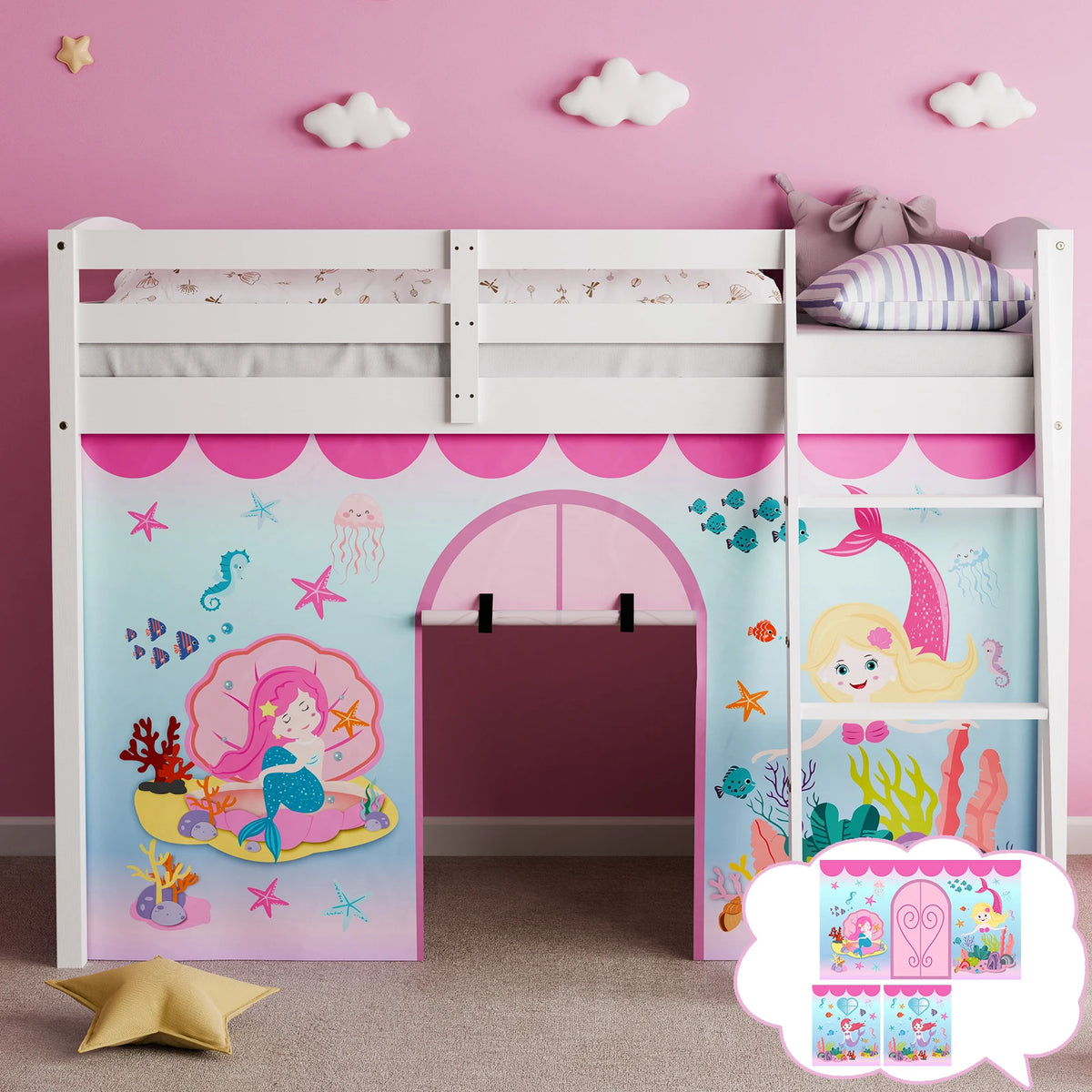 rideau lit enfant sirène sous marin cartoon velcro bleu rose blanc