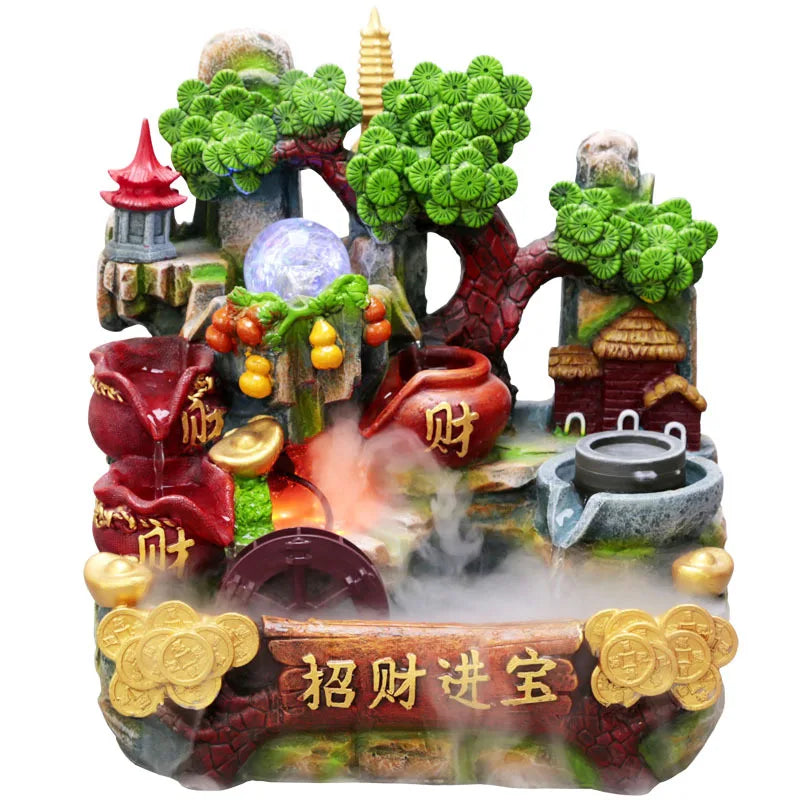 Une composition ornée de figurines colorées représentant un paysage fantaisiste avec des éléments asiatiques traditionnels, comme des pagodes, des pièces de monnaie et des éléments naturels stylisés.