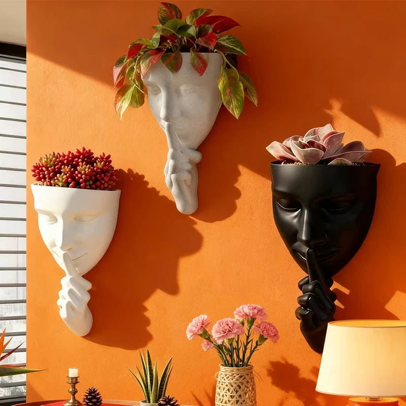 pots résine muraux tête humaine moderne blanc gris noir décoratif plantes fleurs
