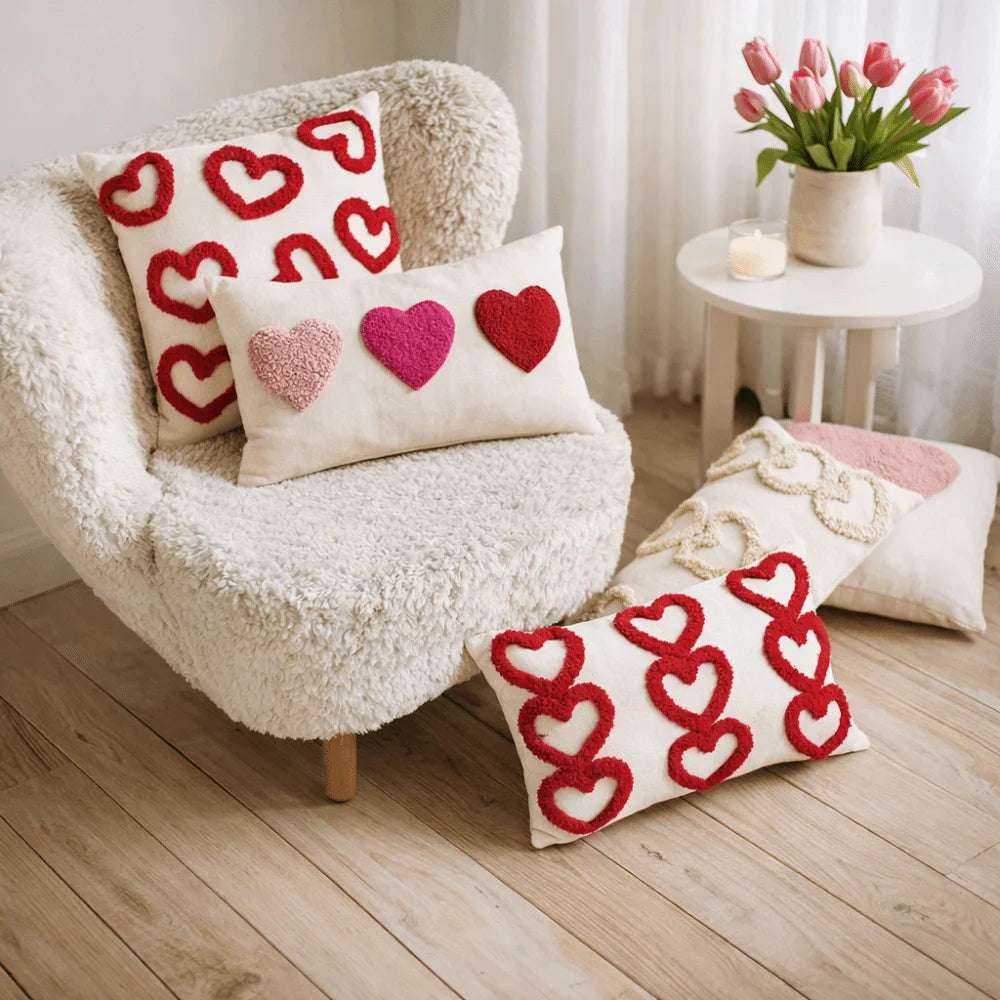 taies d'oreiller coeurs relief blancs lit polyester coton brodés opaques décoration romantique fixations coussins