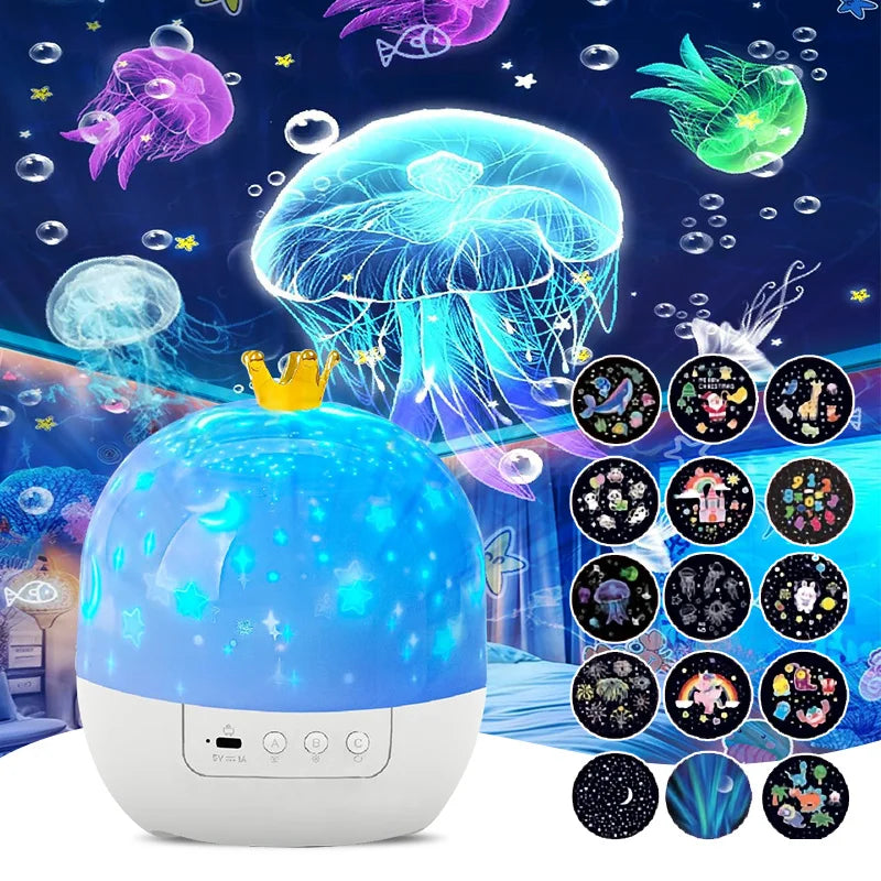 projecteur nuit étoiles poissons jaune bleu blanc 15 motifs luminosités câble usb moderne enfantin