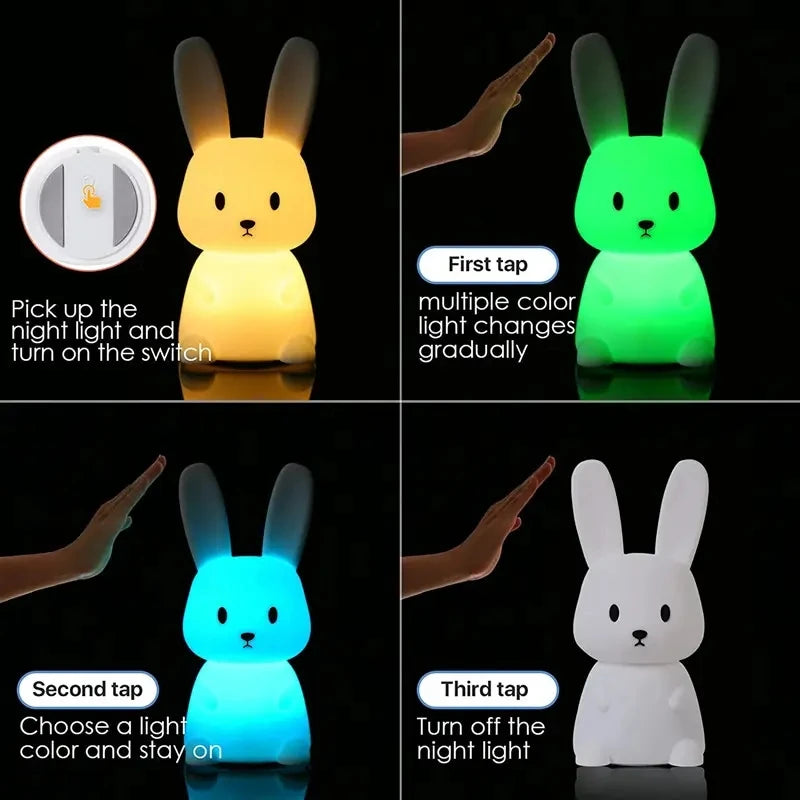 veilleuse nuit lapin blanc moderne enfant led silicone câble usb pression contrôle chambre décoration