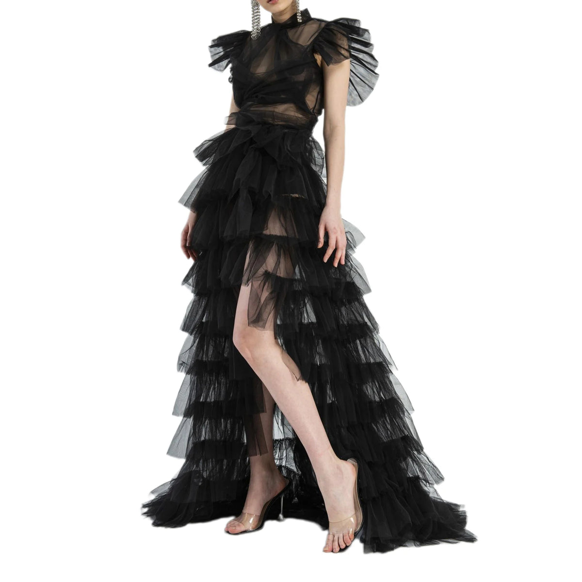 jupe longue noire élégante polyester motif franges fixations soirée cocktail dîner mariage