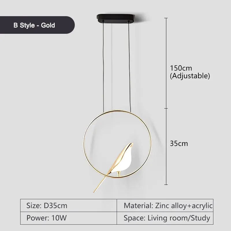 Suspension lumineuse ovale contemporaine oiseau noir doré salon chambre