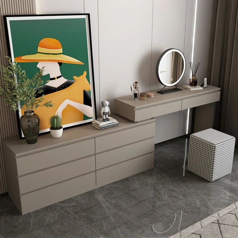 coiffeuse moderne minimaliste bois massif rangement tiroirs miroir tabouret gris clair plateau motif geometrique